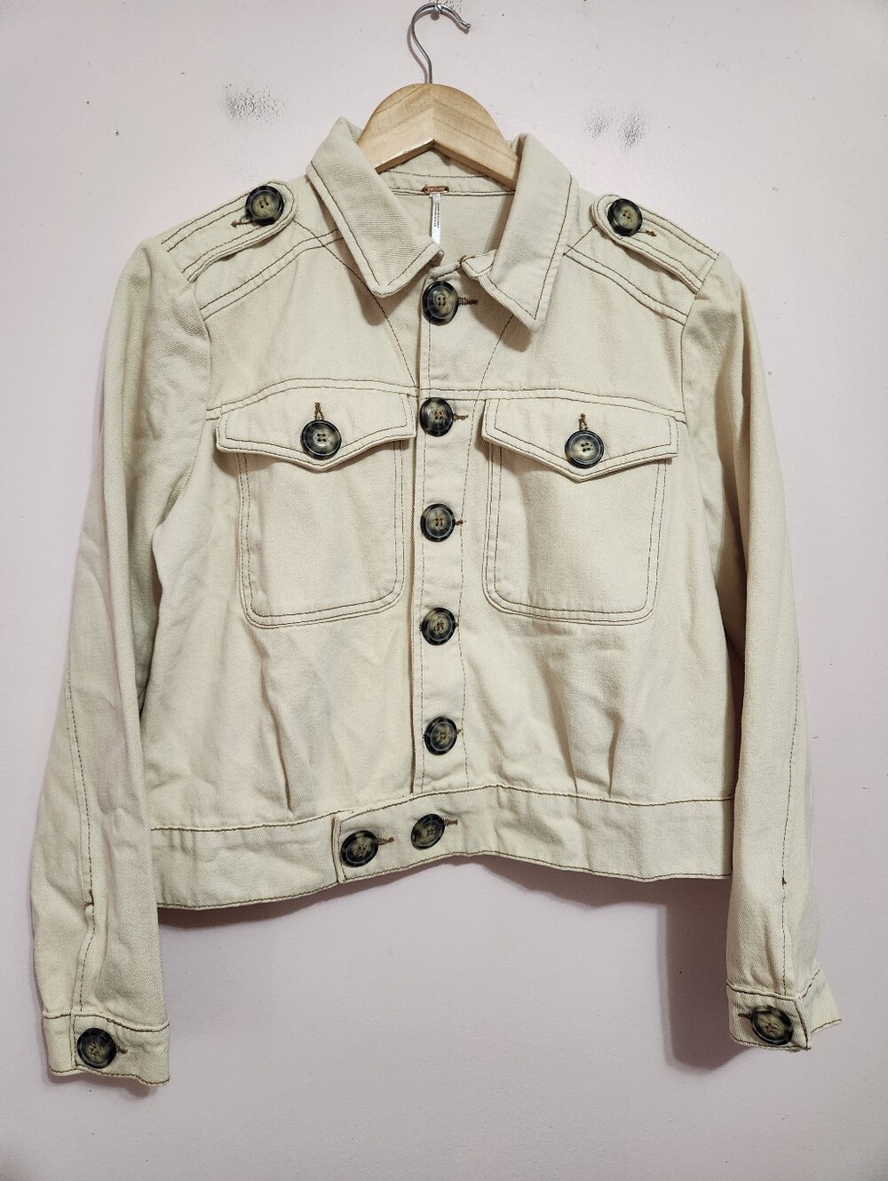 Free People Eisenhower Slouchy Cropped Jacket Cream Tortoise Button XS Western